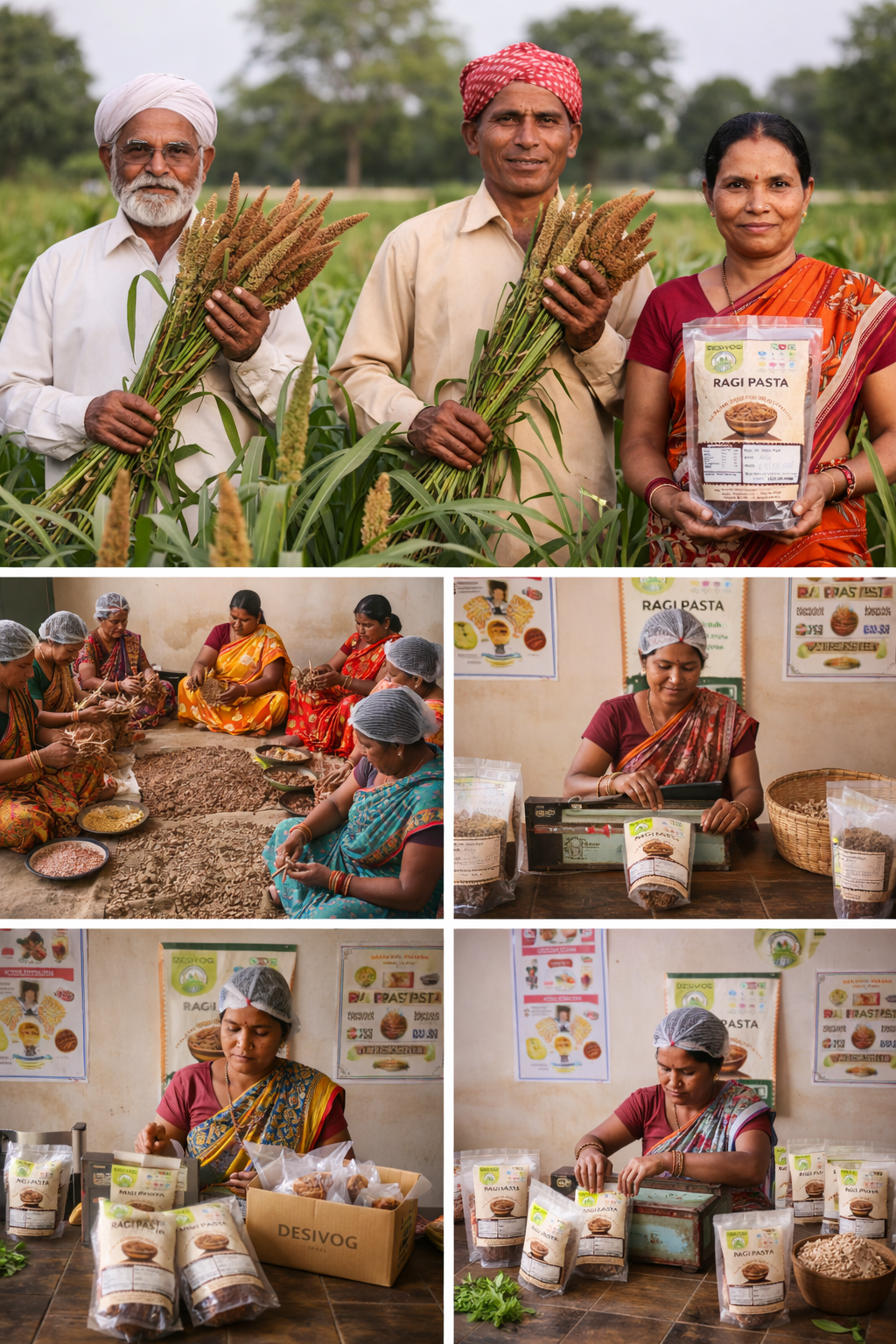 Collage of people holding wheat plants and a package, with scenes of people working and packaging products.