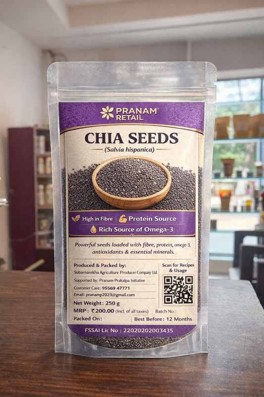 Packaging of Branam Retail Chia Seeds on a wooden surface with a blurred indoor background.