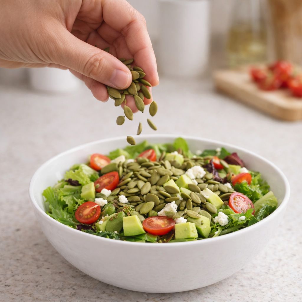 Hand sprinkling green seeds onto a salad in a white bowl.
