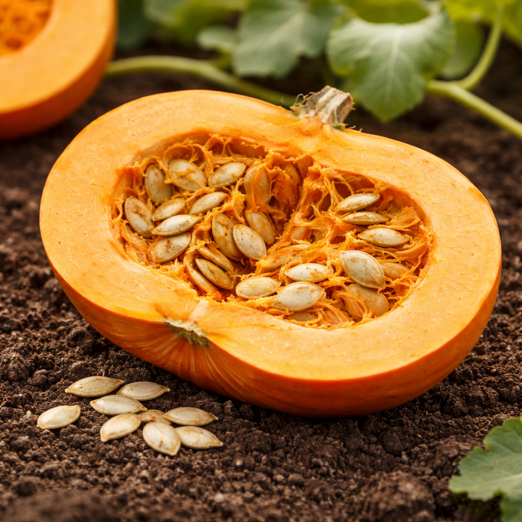 Halved pumpkin with seeds on a soil background