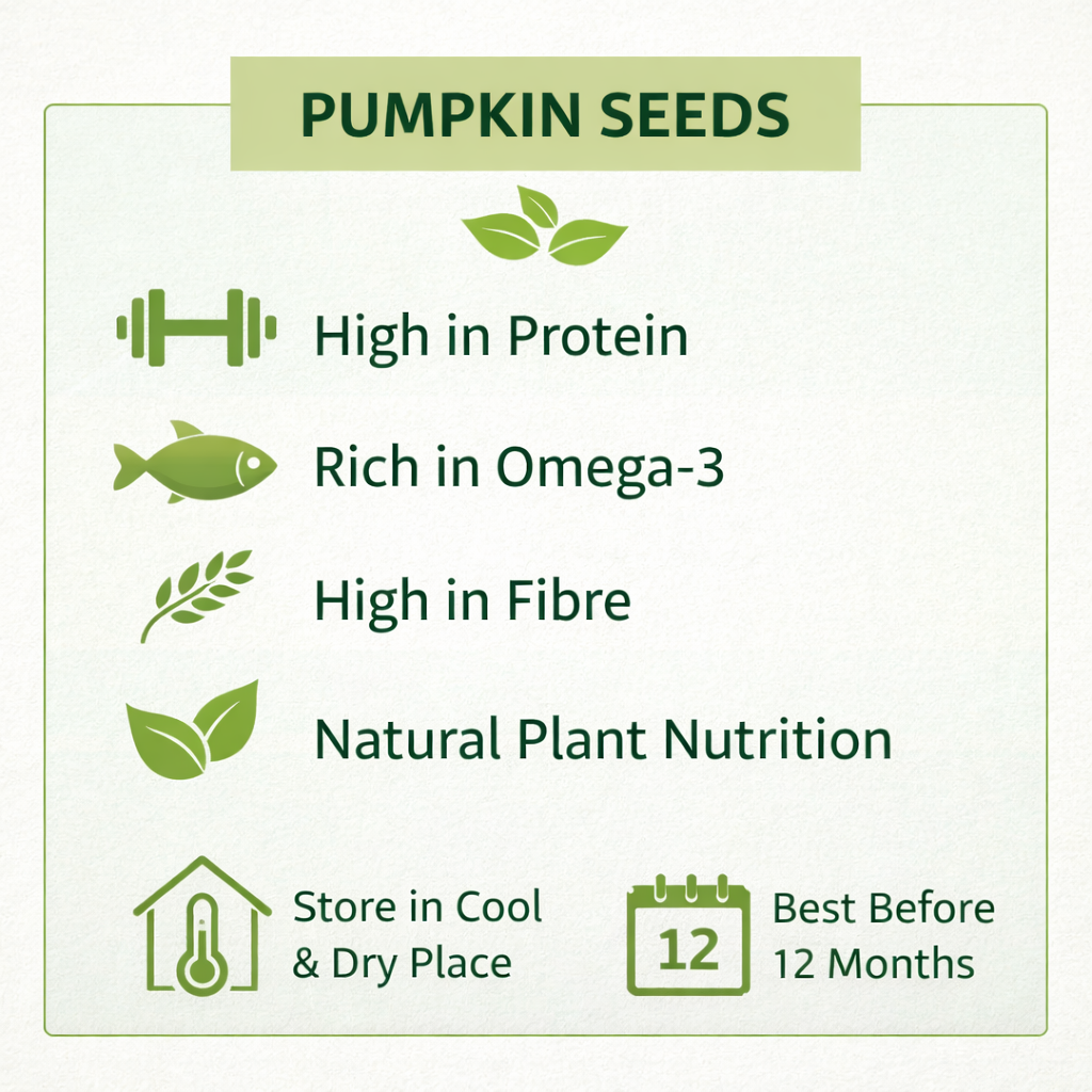 Infographic about pumpkin seeds with health benefits and storage instructions.