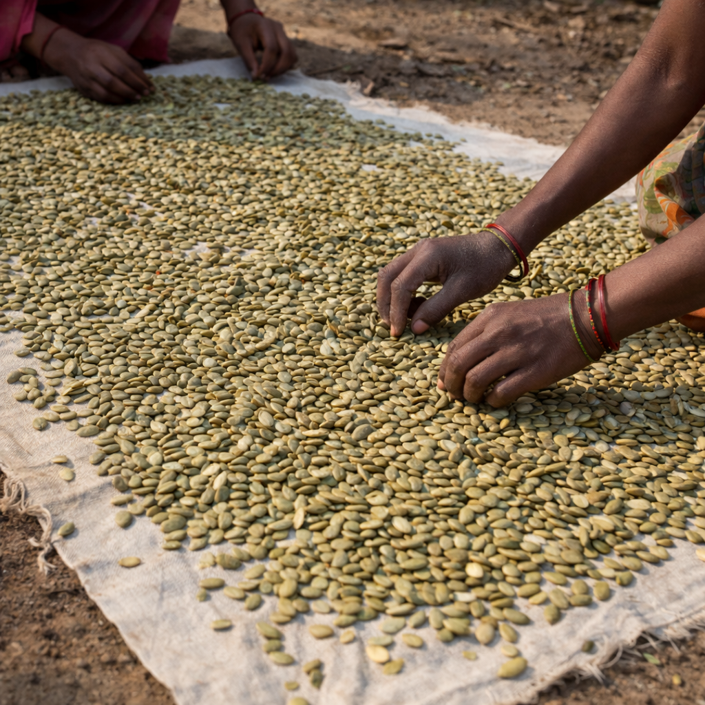 Hands sorting green coffee beans on a cloth outdoors