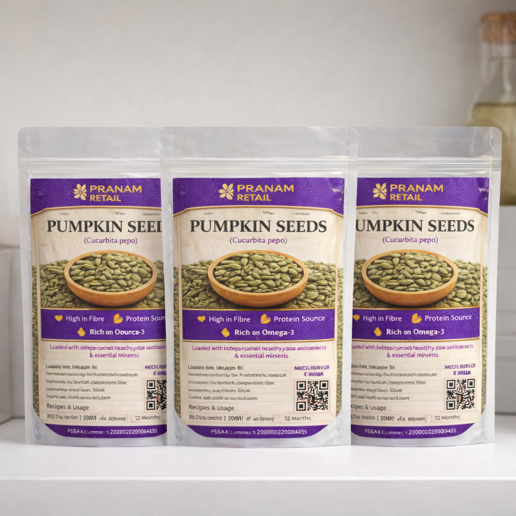Three packages of Pranam Retail Pumpkin Seeds on a white surface.