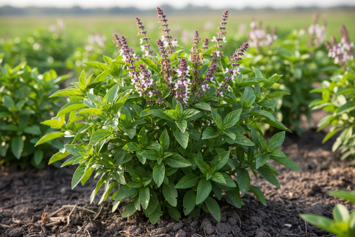 Basil plant in natural farm setting