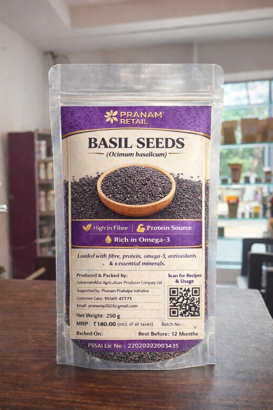 Packaging of Pranam Retail Basil Seeds on a wooden surface with a blurred indoor background.