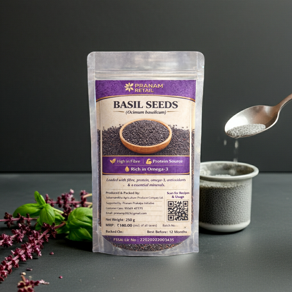 Packaging of Pranam Retail Basil Seeds with basil leaves and a spoon on a dark background