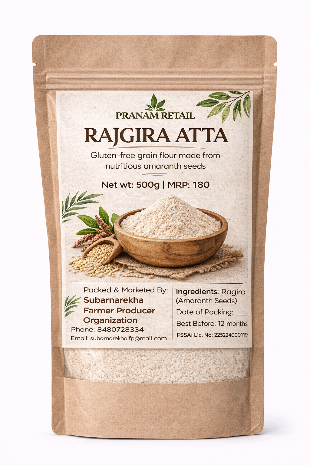 Packaged Rajgira Atta with branding and product details on a white background