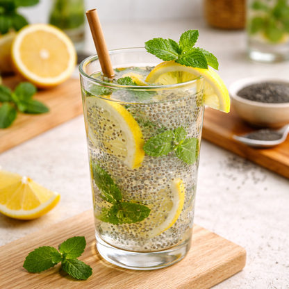 Glass of lemonade with mint leaves and a cinnamon stick on a wooden cutting board.