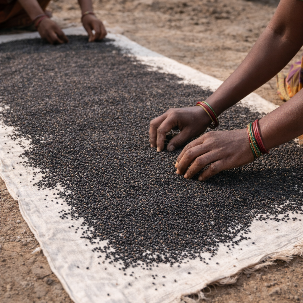 Person sorting black seeds on a white cloth outdoors