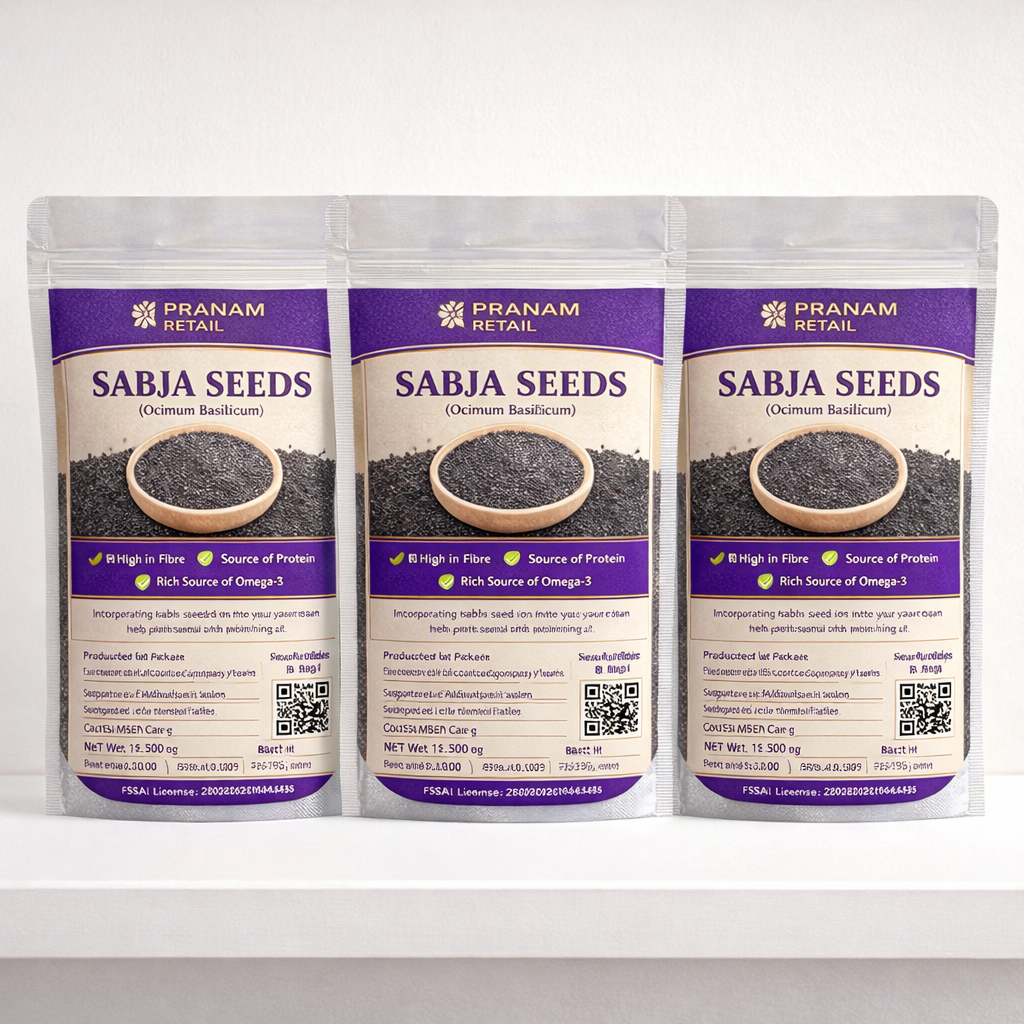 Three packages of Pranam Sabja Seeds on a white background