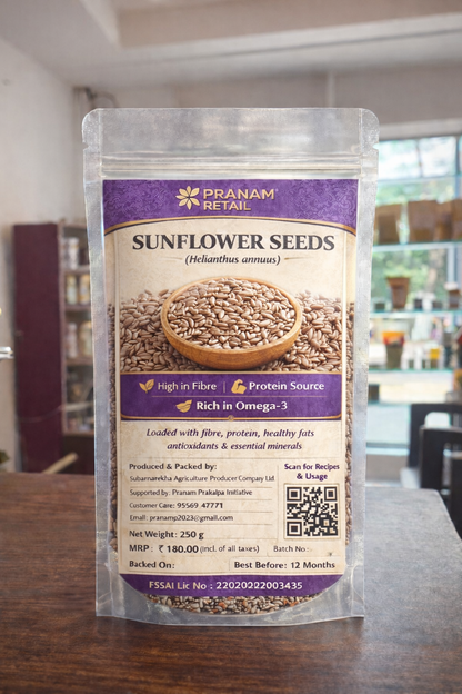 Packaged sunflower seeds with Pranam Retail label on a wooden surface