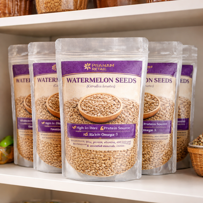 Packets of Pranam Retail watermelon seeds on a shelf