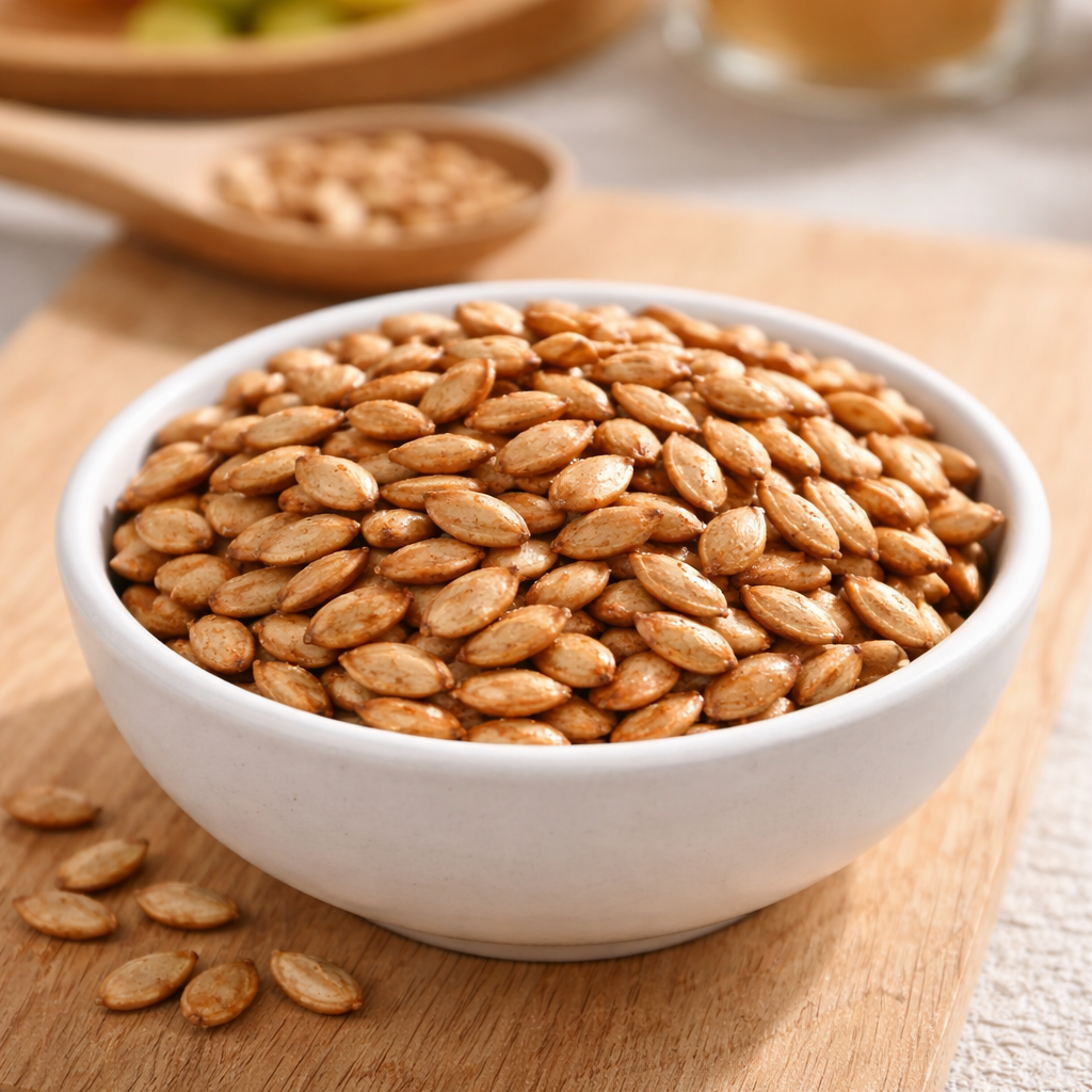 White bowl filled with roasted seeds on a wooden surface