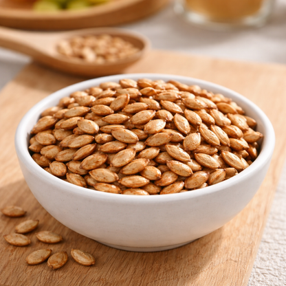 White bowl filled with roasted seeds on a wooden surface