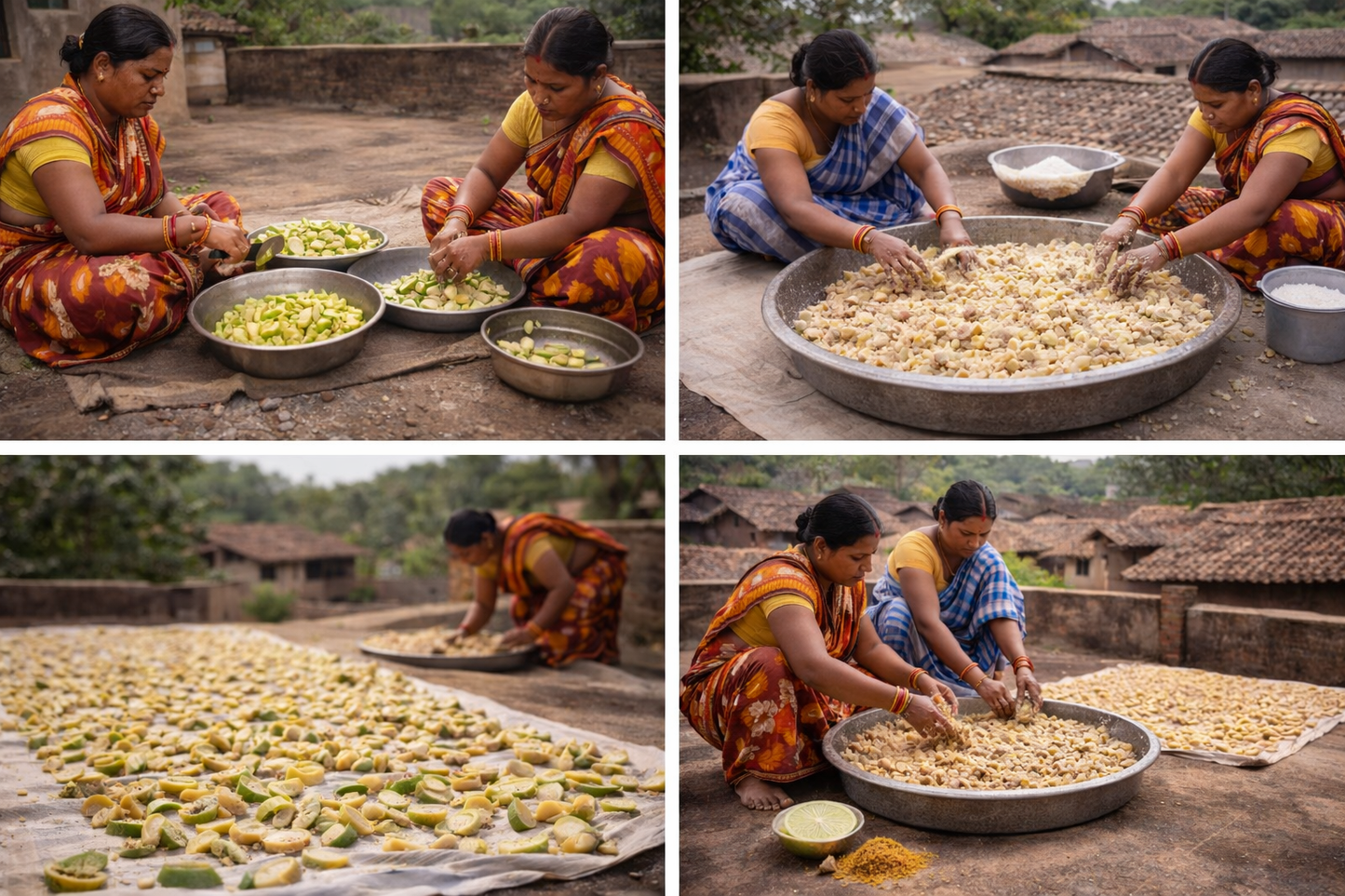 Collage of women preparing food outdoors on a rooftop.