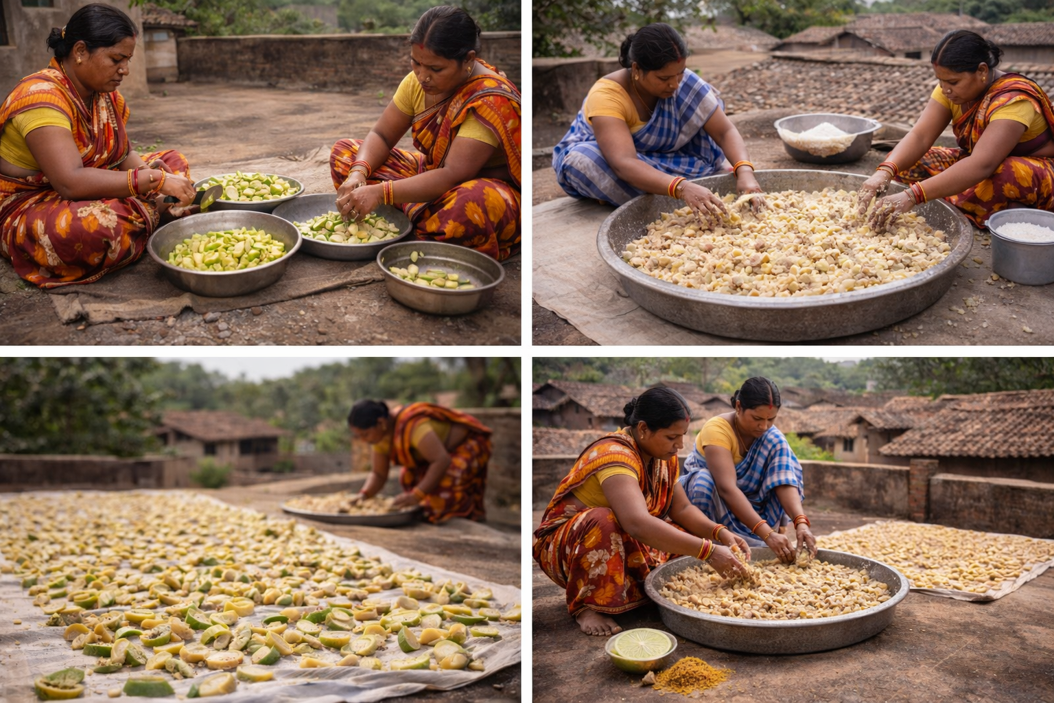 Collage of women preparing food outdoors on a rooftop.