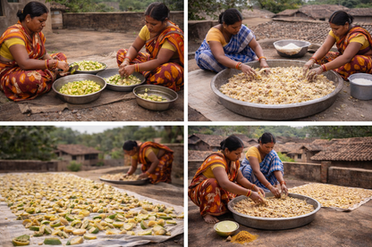 Collage of women preparing food outdoors on a rooftop.