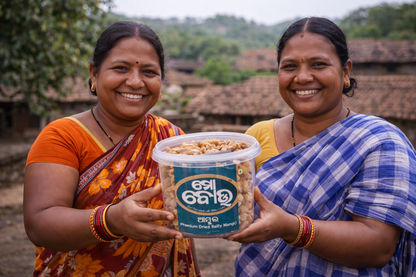 Two women holding a container of food with a brand logo, standing outdoors.