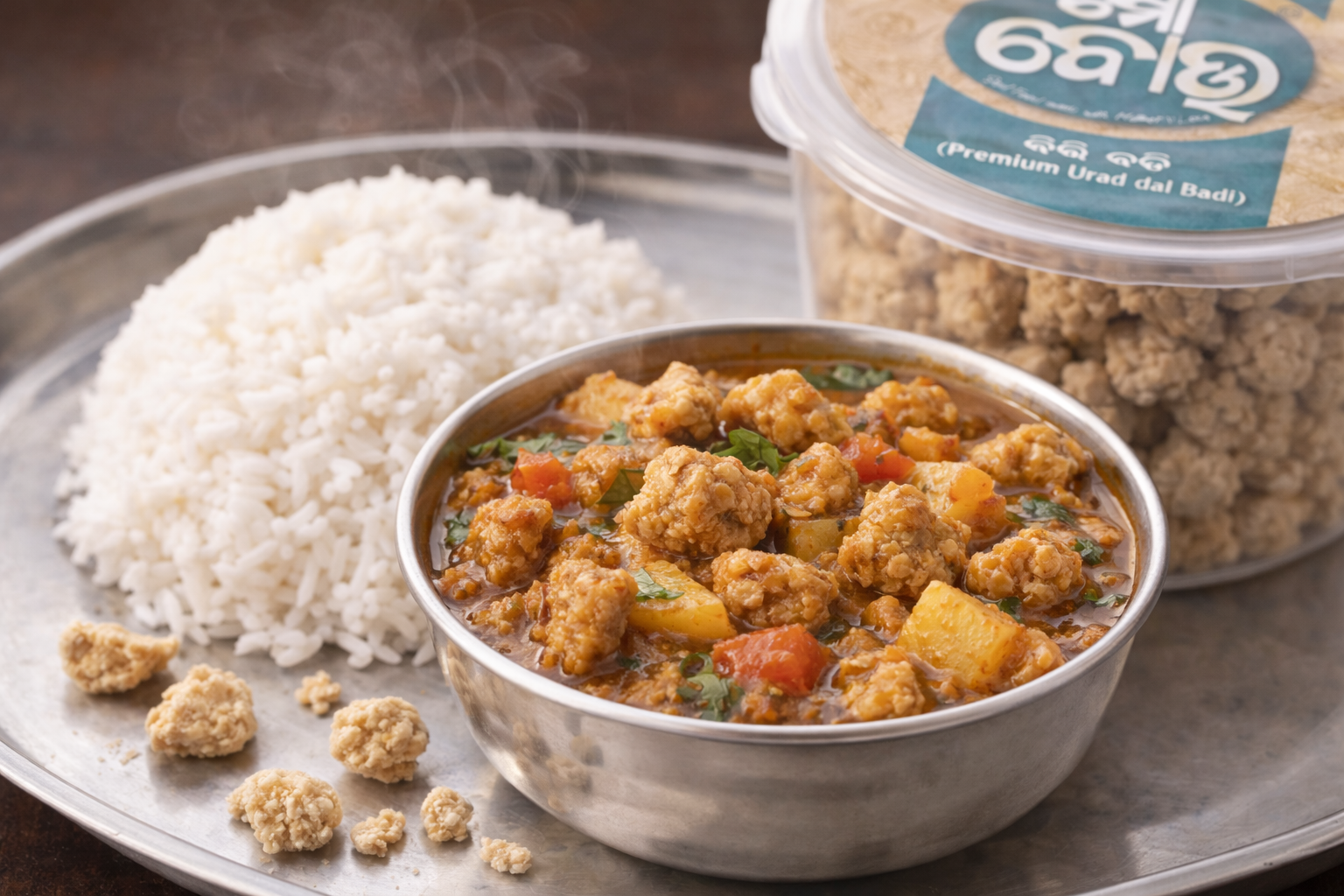 Bowl of curry with rice and a container of Urad dal on a metal tray.