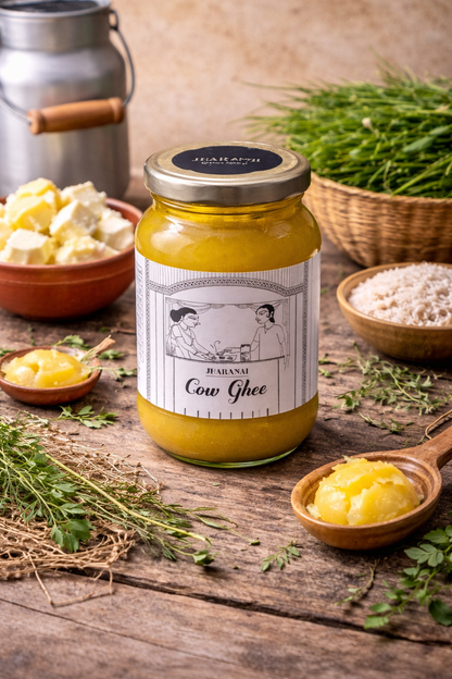 Jar of  traditional Desi cow ghee with a label on a wooden surface with ingredients 