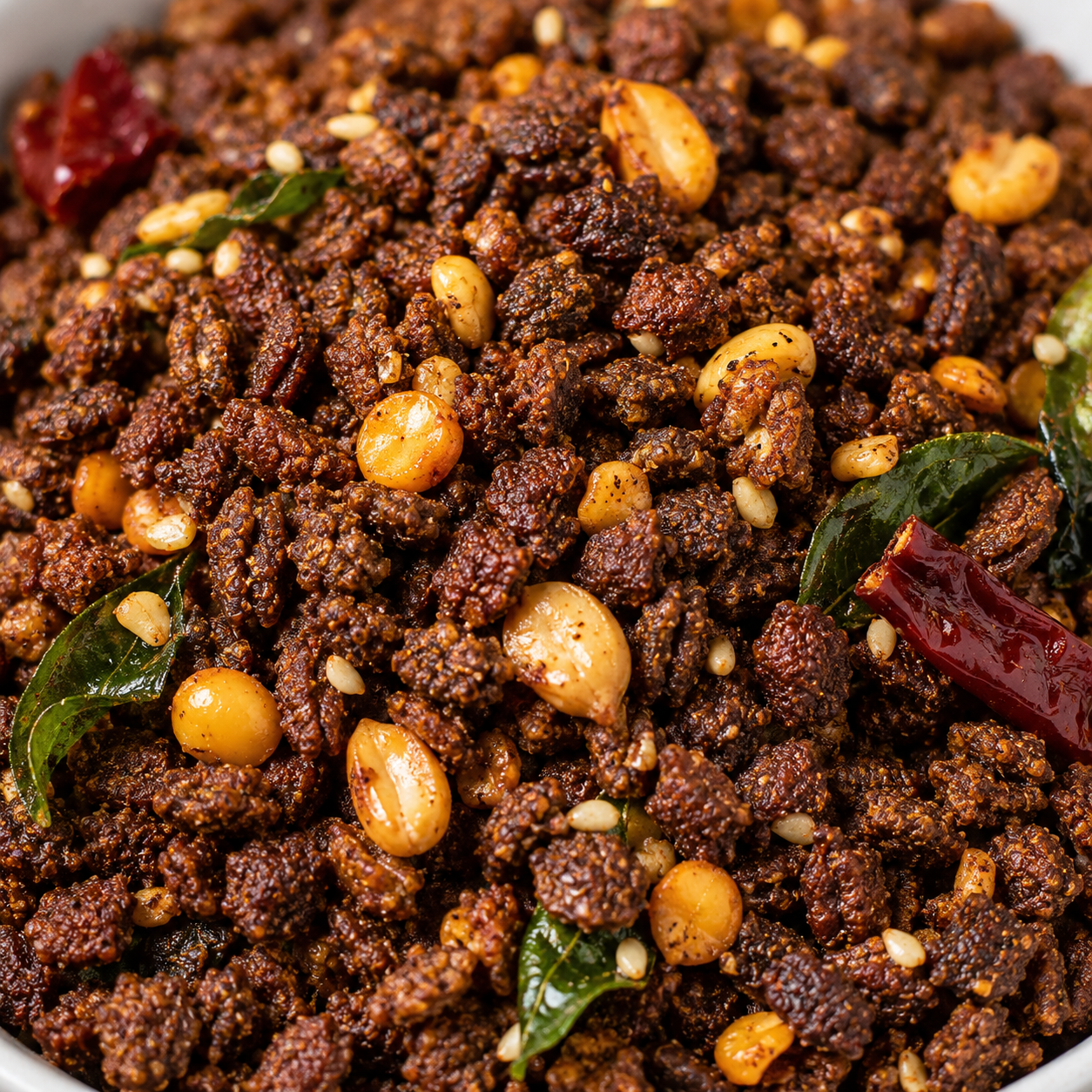 Close-up of a dish with ground meat, chickpeas, and spices