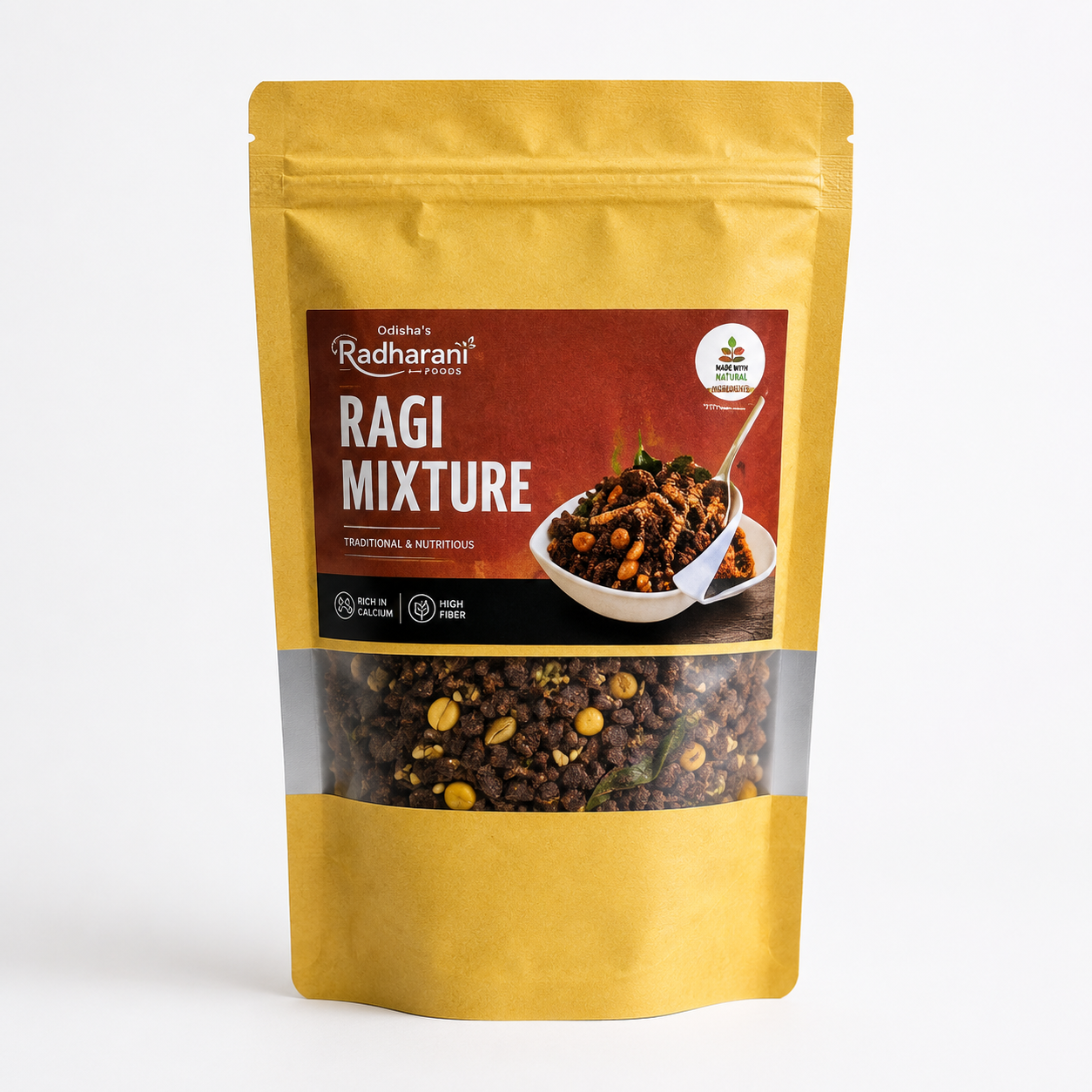 Yellow package of Radharani Ragi Mixture on a white background