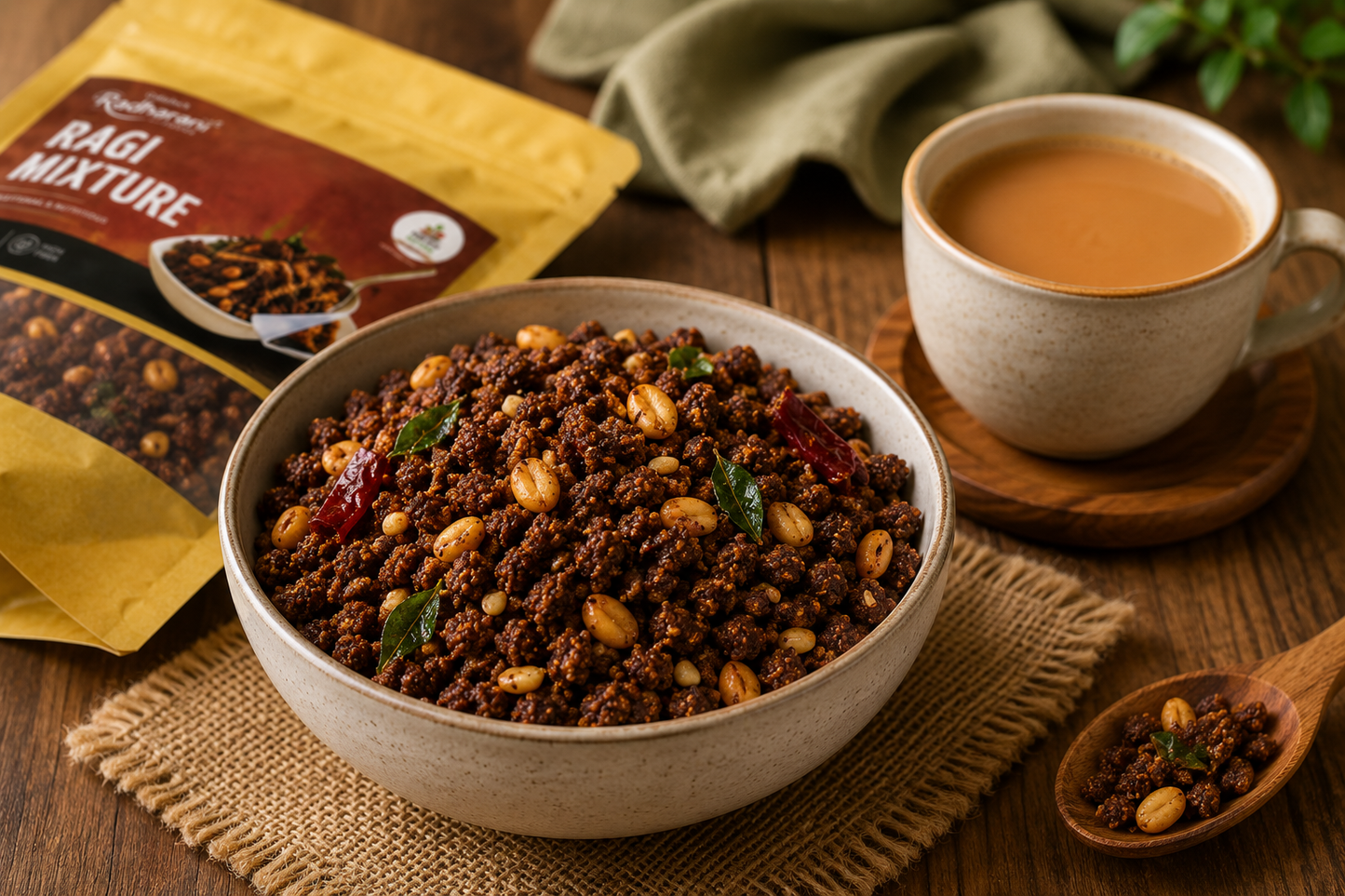 Ragi mixture in a bowl with a cup of tea and a package on a wooden table.