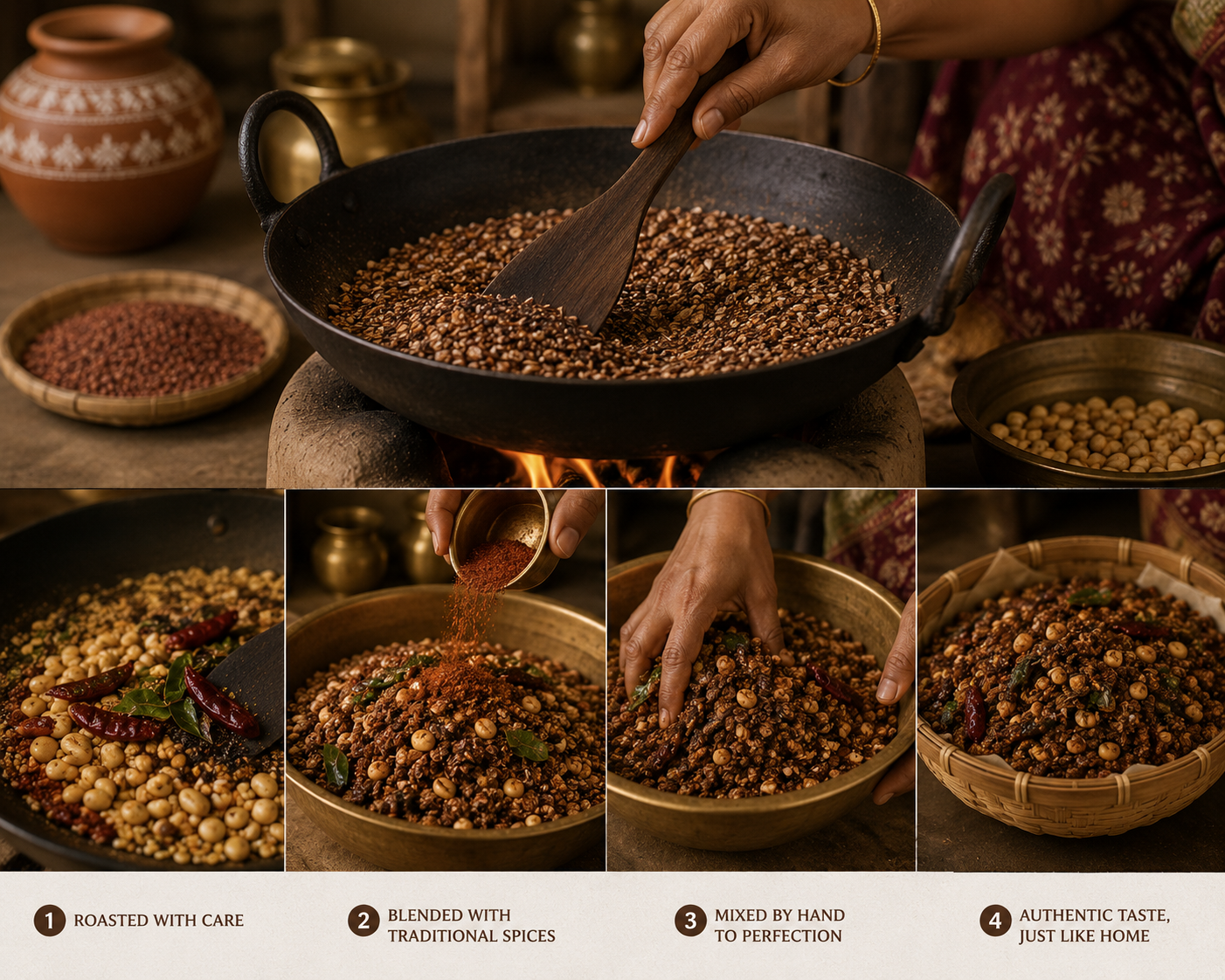 Collage of steps showing the preparation of a dish with roasted beans and spices.