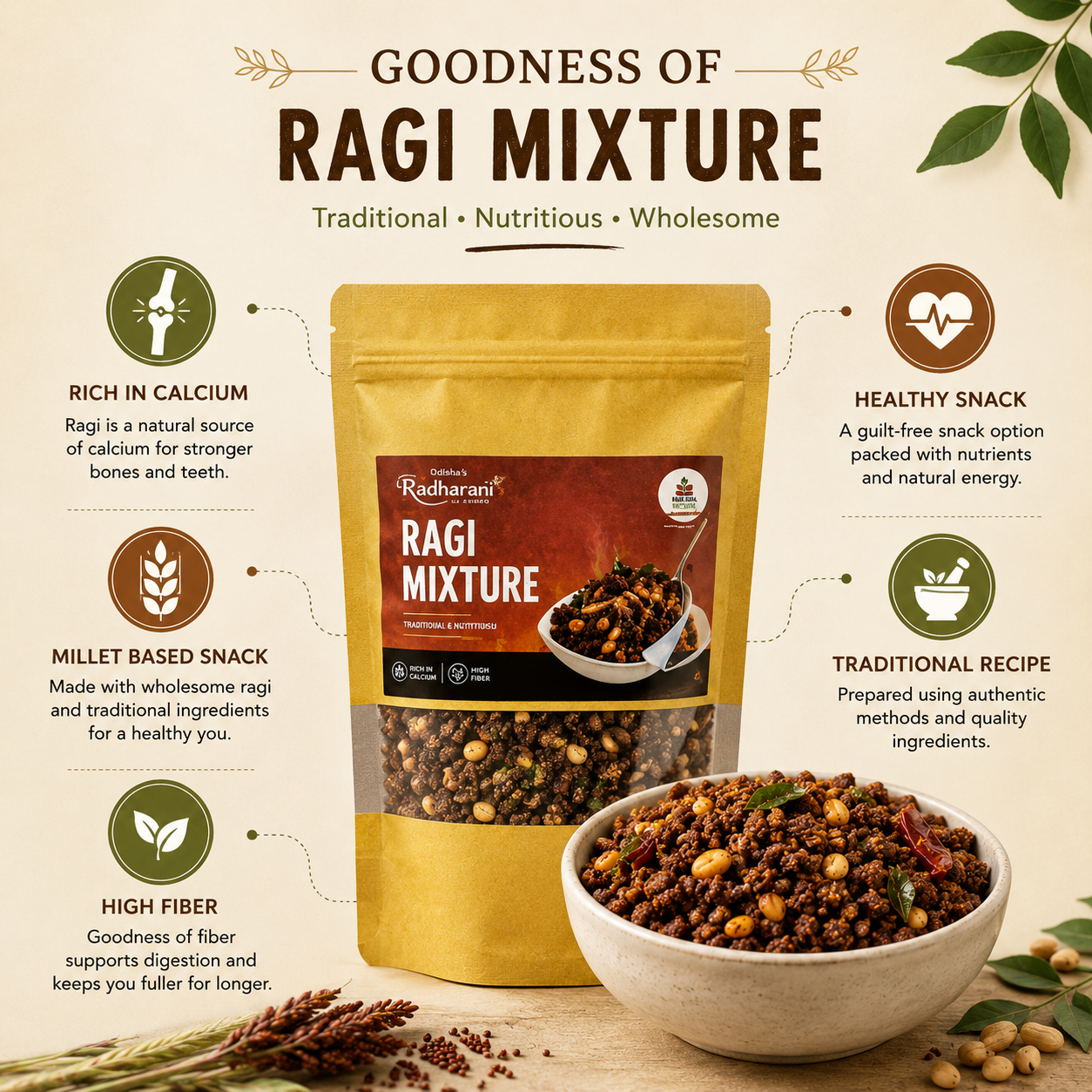 Ragi mixture packaging with nutritional benefits displayed on a light background