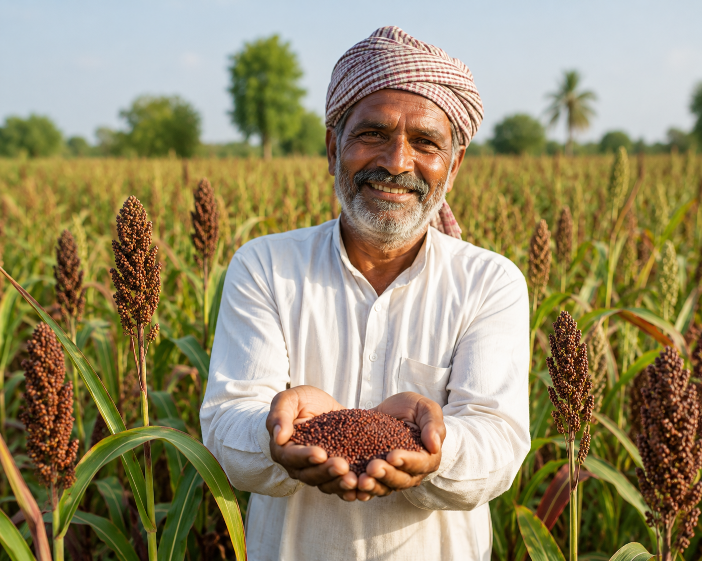 Man holding sorghum grains in a field