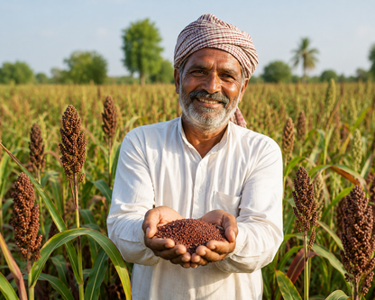 Man holding sorghum grains in a field