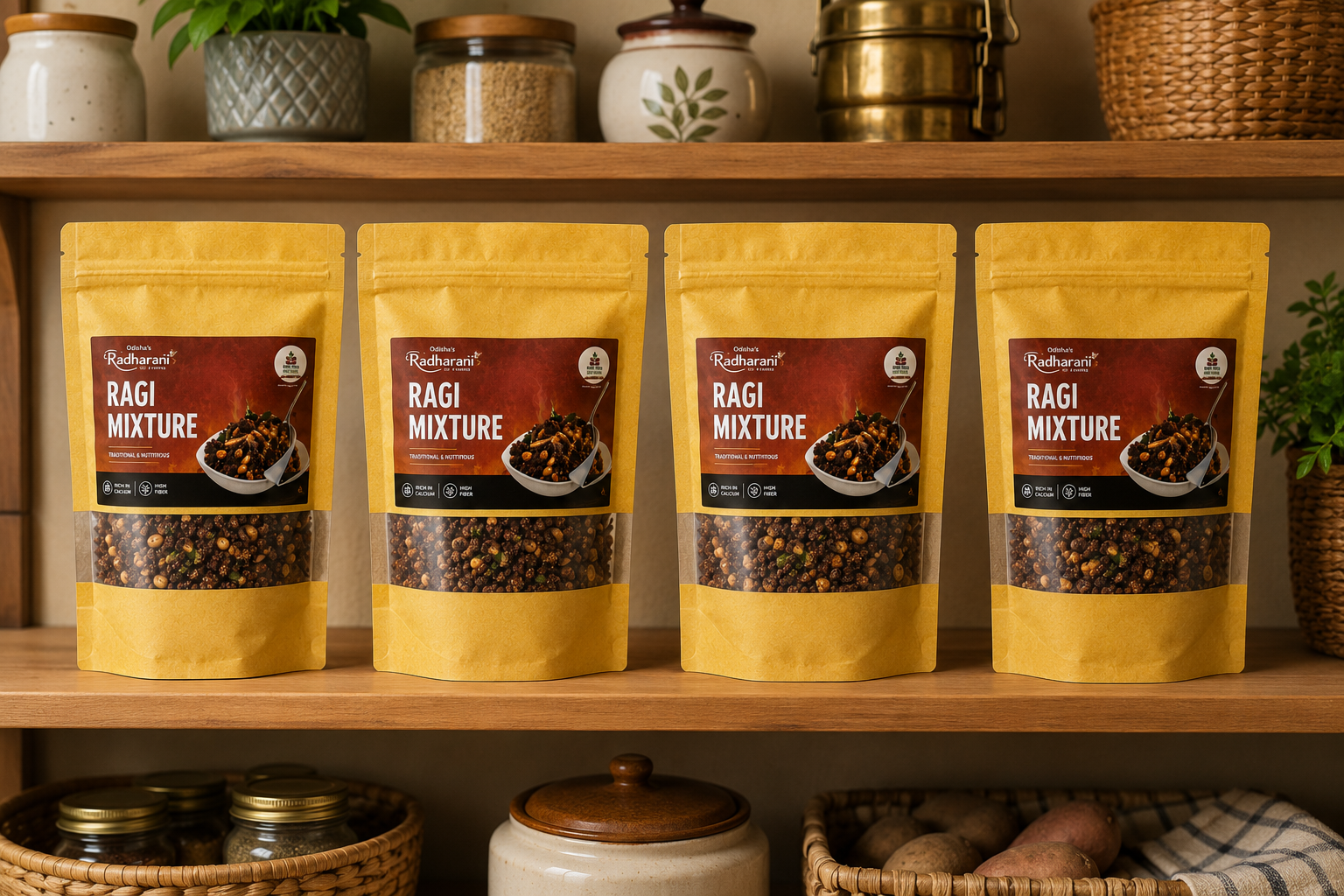 Four packages of Ragi Mixture on a wooden shelf with kitchen items in the background.