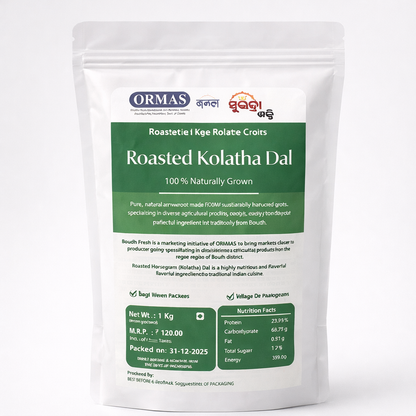 Package of Roasted Kolatha Dal with ORMAS branding on a white background