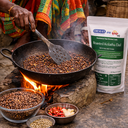 Person cooking roasted kolatha dal in a pan with a bag of ORMAS Roasted Kolatha Dal nearby.