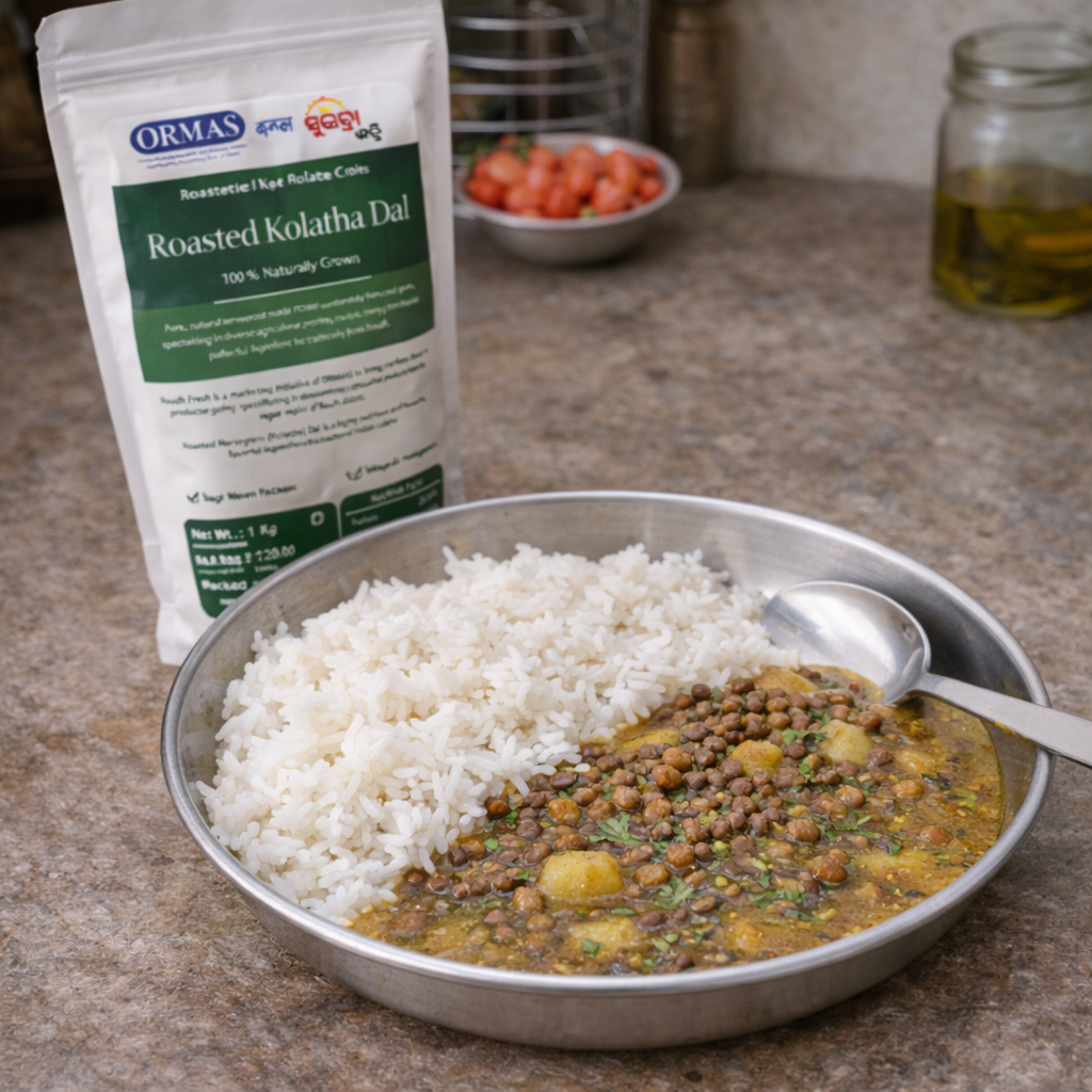 Ormas Roasted Kolatha Dal package with a bowl of dal and rice on a countertop.