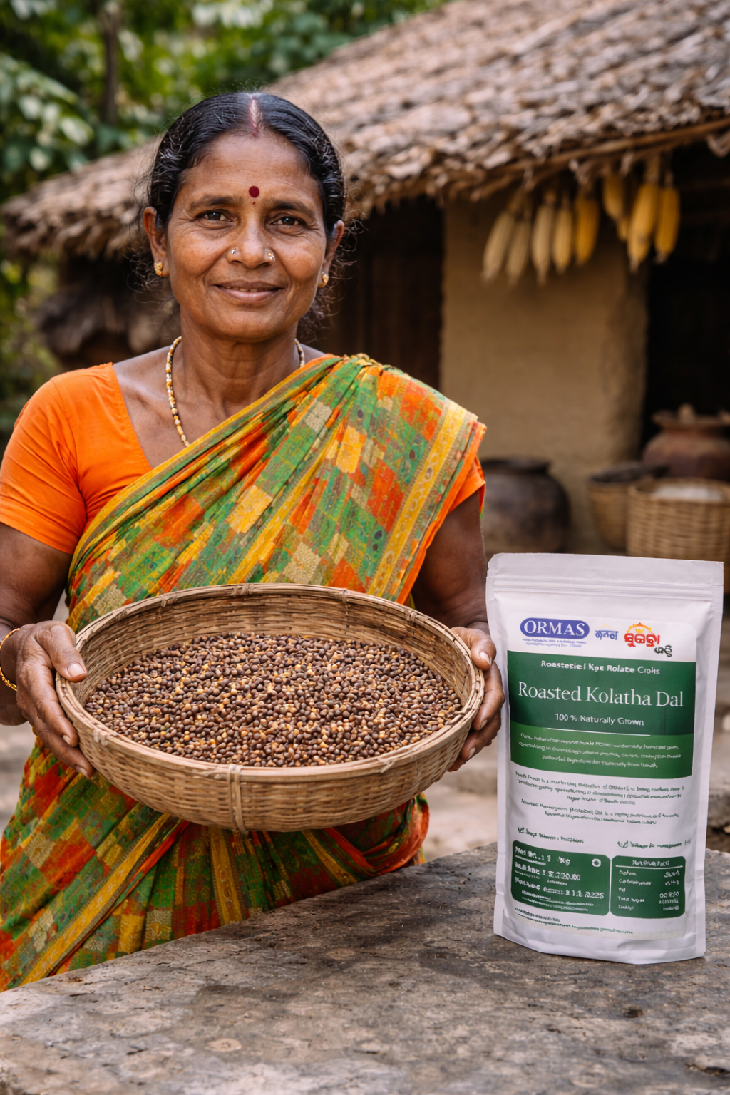 Woman holding a bowl of seeds next to a package of Orasam Roasted Kolaitha Dal.