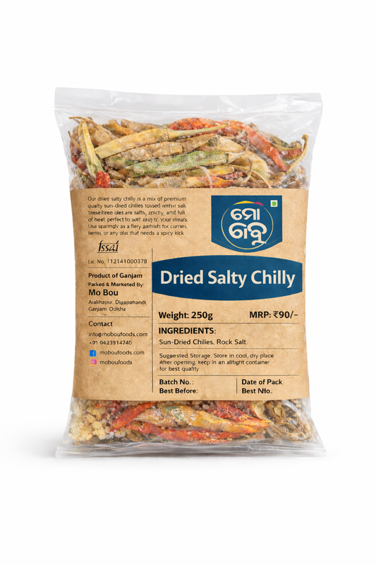 Packaged dried salty chilly with brand logo on a white background