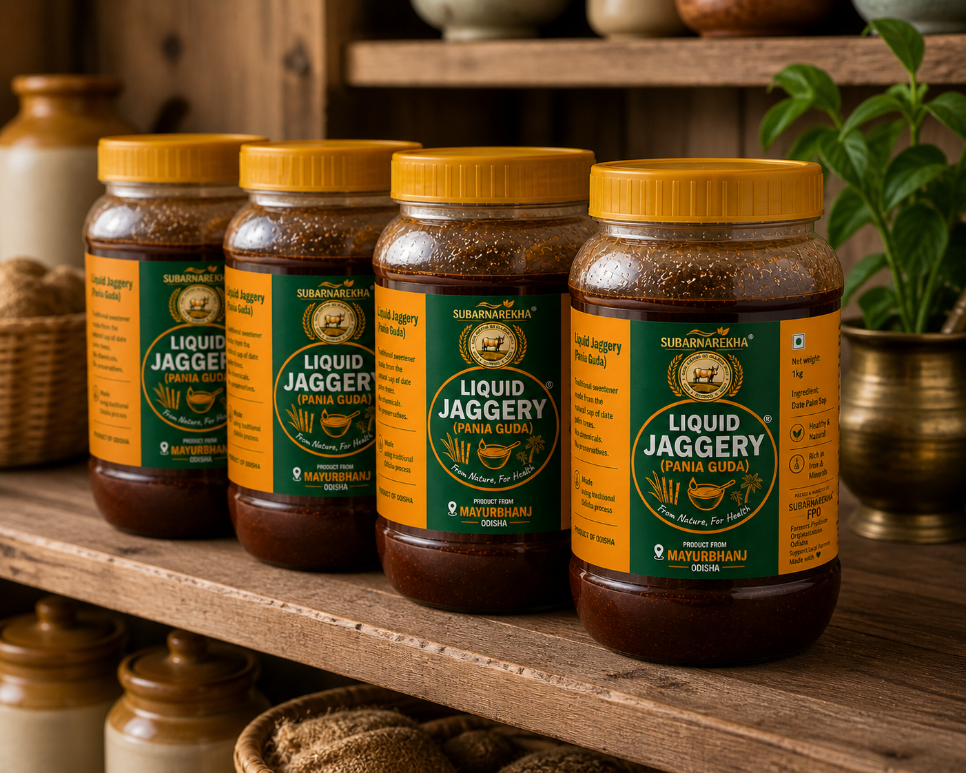 Four jars of Liquid Jaggery on a wooden shelf with a rustic background.