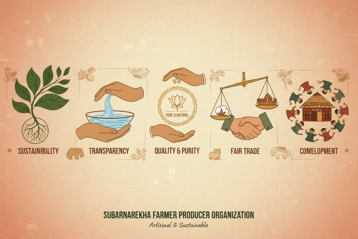 Subarnarekha FPO  Values

Sustainability

Transparency

Quality & Purity

Fair Trade

Community Development