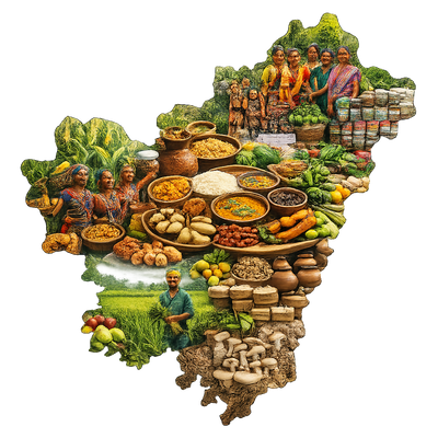 Map of sundargarh district showing agricultural activities and a traditional village market in Odisha