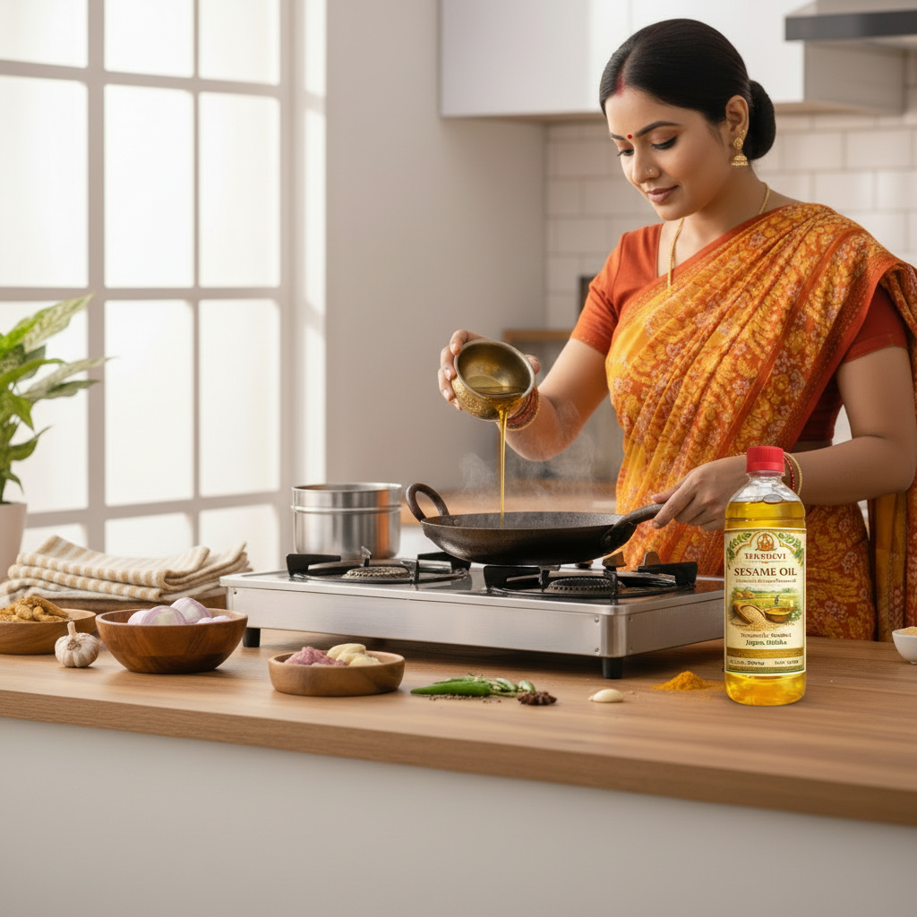 Taradevi Sesame Oil Cooking Scene