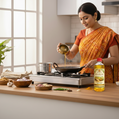 Taradevi Sesame Oil Cooking Scene