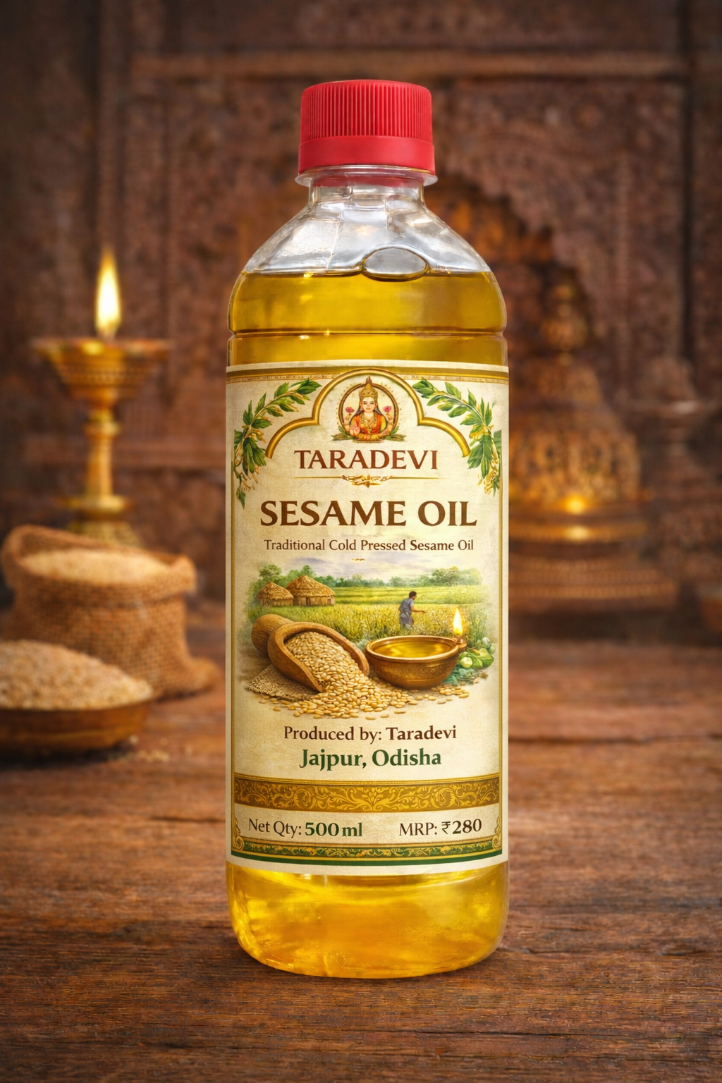 Bottle of Taradevi Sesame Oil with a red cap on a wooden surface.