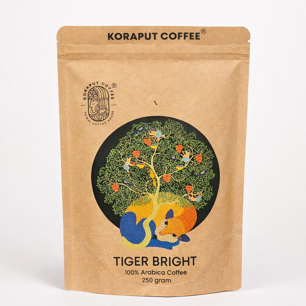 Koraput Coffee Tiger Bright coffee package on a white background