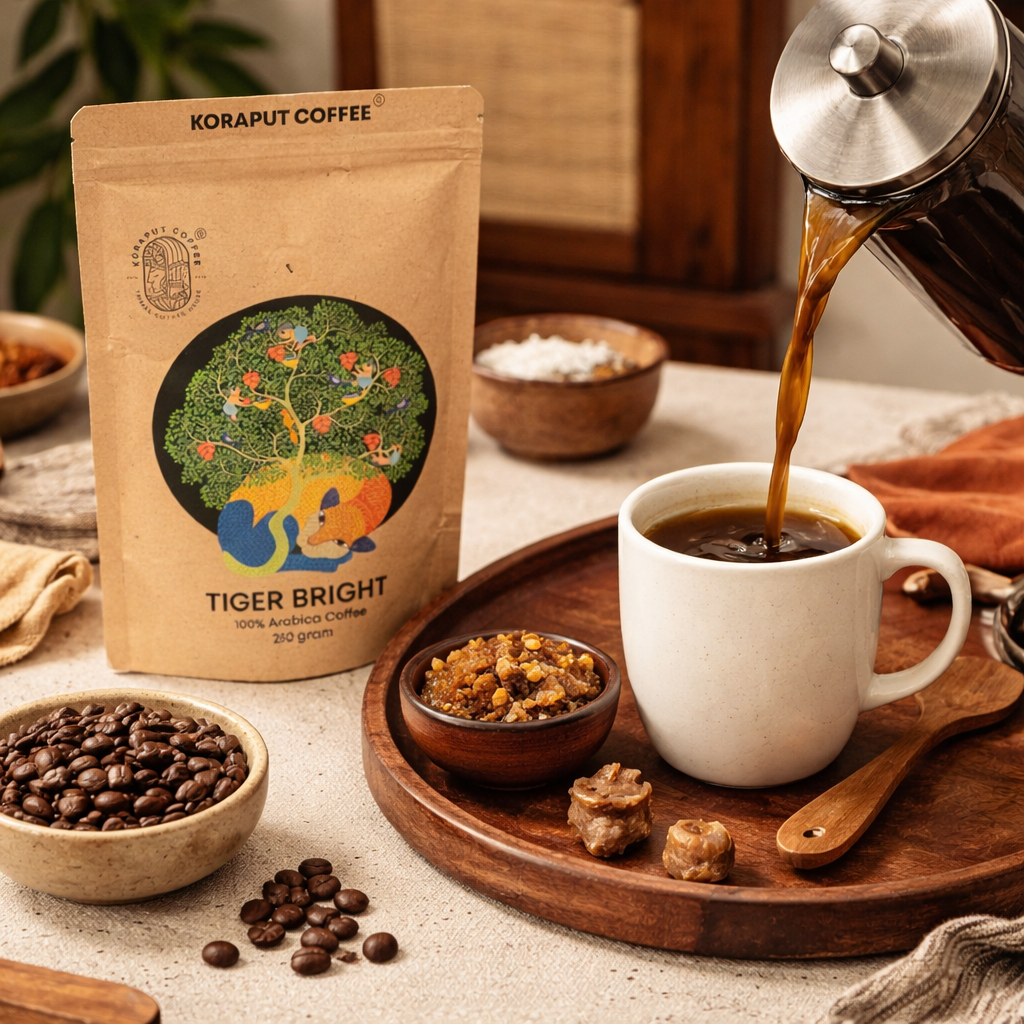 Koraput Coffee Tiger Bright package with a cup of coffee being poured, coffee beans, and a wooden tray.