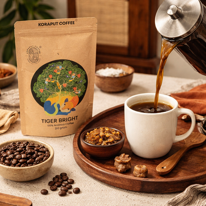 Koraput Coffee Tiger Bright package with a cup of coffee being poured, coffee beans, and a wooden tray.