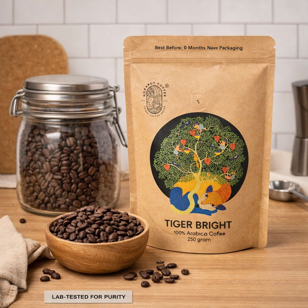 Tiger Bright coffee packaging with coffee beans on a kitchen counter
