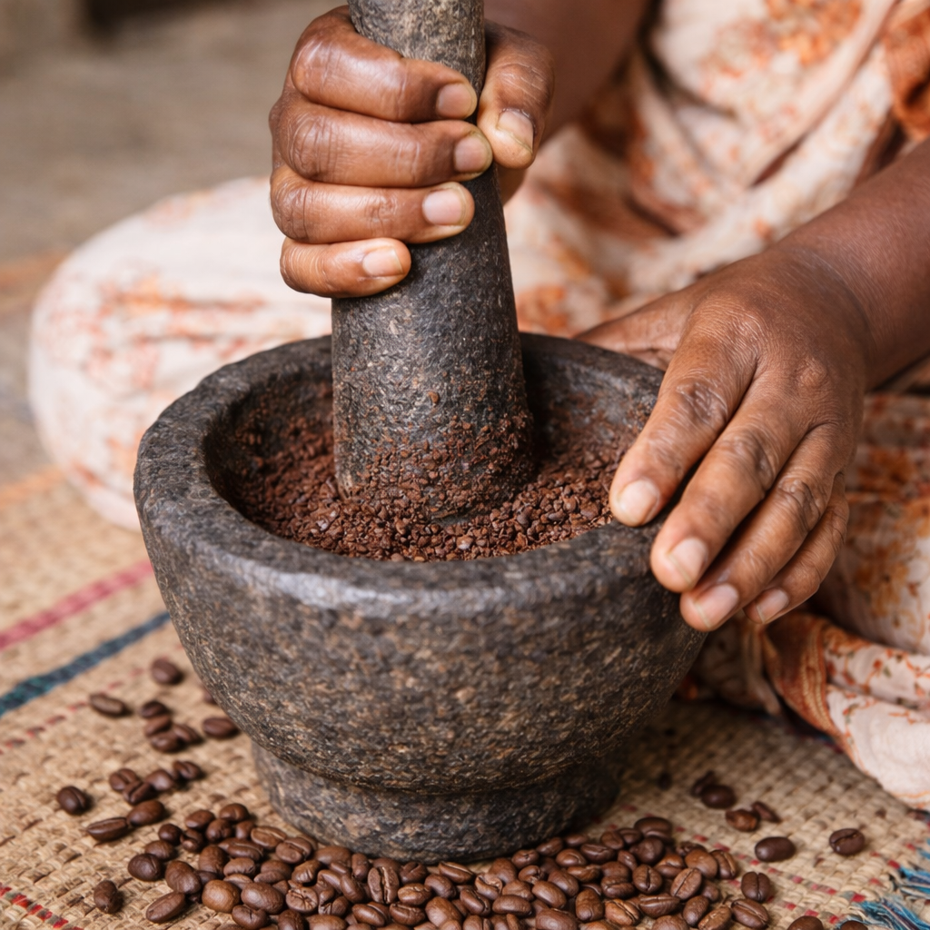 Person grinding coffee beans in a stone mortar with a pestle.
