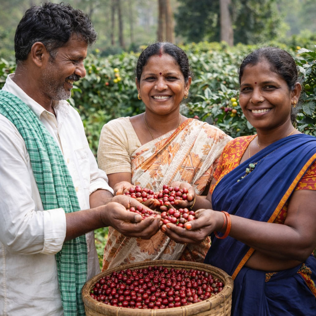 Three people holding a basket of red coffee cherries in a coffee plantation.