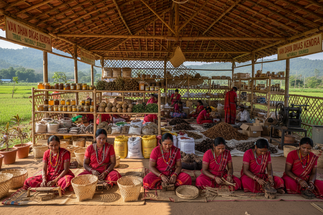 Women and tribal producers working at a Van Dhan Vikas Kendra in Odisha, processing and packaging forest products